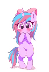 Size: 820x1199 | Tagged: safe, artist:leo19969525, oc, oc only, oc:cosmic spark, pony, unicorn, bipedal, bow, cute, female, hair bow, horn, looking at you, red face, simple background, smiling, smiling at you, solo, standing, white background