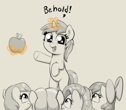 Size: 1890x1638 | Tagged: safe, artist:heretichesh, apple bloom, babs seed, liberty belle, earth pony, pony, unicorn, g4, apple, bipedal, cute, female, filly, foal, food, levitation, magic, monochrome, open mouth, open smile, partial color, smiling, telekinesis