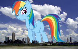 Size: 1708x1080 | Tagged: safe, artist:rainbowmaned, artist:thegiantponyfan, rainbow dash, pegasus, pony, g4, atlanta, butt, female, georgia (state), giant pegasus, giant pony, giantess, highrise ponies, irl, looking at you, looking back, looking back at you, macro, mare, mega giant, mega/giant rainbow dash, multicolored hair, photo, plot, ponies in real life, rainbow hair, rainbow tail, rainbutt dash, smiling, story included, tail