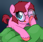 Size: 2177x2123 | Tagged: safe, artist:ponykittenboi, derpibooru exclusive, oc, oc only, oc:rose petal, pony, unicorn, blushing, cute, female, filly, foal, freckles, glasses, high res, looking at you, one eye closed, round glasses, solo, squishy cheeks, tongue out, unshorn fetlocks, wink, winking at you