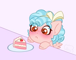 Size: 2244x1764 | Tagged: safe, artist:cloudberry_mess, cozy glow, pegasus, pony, g4, blushing, bow, cake, cake slice, chibi, commission, cozybetes, curly mane, cute, eyes on the prize, female, filly, foal, food, frosting, hair bow, solo, spread wings, strawberry, strawberry cake, wings, ych result