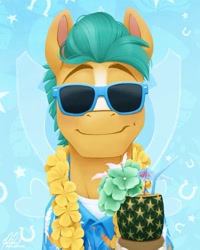 Size: 1127x1407 | Tagged: safe, artist:bcpony, hitch trailblazer, earth pony, pony, g5, alcohol, clothes, cocktail, cocktail umbrella, donut lord, drink, flower, food, hawaiian shirt, male, pineapple, pineapple cup, shirt, solo, sonic the hedgehog (series), sonic the hedgehog 2, stallion, straw, sunglasses, voice actor joke