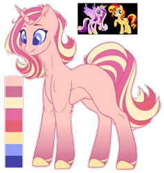 Size: 1136x1200 | Tagged: safe, artist:purplegrim40, princess cadance, sunset shimmer, oc, alicorn, pony, unicorn, g4, colored hooves, female, horn, magical lesbian spawn, mare, offspring, parent:princess cadance, parent:sunset shimmer, raised hoof, reference sheet, simple background, transparent background, unicorn oc