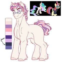 Size: 1205x1200 | Tagged: safe, artist:purplegrim40, moondancer, princess celestia, alicorn, pony, unicorn, g4, clothes, colored hooves, female, glasses, jewelry, magical lesbian spawn, male, mare, offspring, parent:moondancer, parent:princess celestia, peytral, simple background, stallion, tiara, transparent background