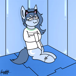 Size: 4000x4000 | Tagged: safe, artist:foxxo666, oc, oc only, oc:moon dust, pony, bondage, cat ears, commission, female, freckles, headband, insanity, looking up, padded cell, sitting, smiling, solo, straitjacket, tied up, ych result