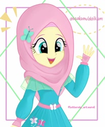 Size: 991x1199 | Tagged: safe, artist:fluttershy_art.nurul, fluttershy, equestria girls, equestria girls series, g4, clothes, cute, cutie mark on clothes, emanata, female, greeting, hairpin, hijab, islam, islamashy, open mouth, open smile, religion, shyabetes, simple background, smiling, solo, speech bubble, waving, white background