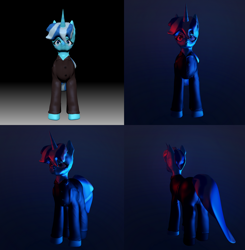 Size: 3916x4000 | Tagged: safe, artist:menalia, oc, oc only, oc:freezy coldres, pony, unicorn, 3d, 3d model, clothes, dark background, female, front view, horn, mare, pants, rear view, shirt, shoes, simple background