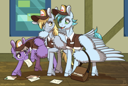 Size: 1616x1088 | Tagged: safe, artist:inuhoshi-to-darkpen, appointed rounds, derpy hooves, rainy day, pegasus, pony, g4, caring, clothes, ear fluff, feathered fetlocks, female, leg fluff, letter, mail, mailbag, mailmare, mare, mouth hold