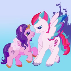 Size: 2224x2224 | Tagged: safe, artist:erieillustrates, pipp petals, zipp storm, pegasus, pony, g2, g5, my little pony: a new generation, spoiler:g5, castle, colored hooves, duo, duo female, female, g5 to g2, generation leap, high res, mare, pipp is short, royal sisters (g5), siblings, signature, sisters, smiling, spread wings, unshorn fetlocks, wings
