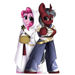 Size: 3000x3000 | Tagged: safe, artist:xcinnamon-twistx, pinkie pie, oc, earth pony, unicorn, semi-anthro, g4, arm hooves, clothes, commission, duo, high res, robe, simple background, transparent background