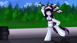 Size: 3840x2160 | Tagged: safe, artist:xcinnamon-twistx, oc, oc:cinnamon twist, anthro, unguligrade anthro, arm hooves, blushing, breasts, bush, checkered flag, cleavage, clothes, cosplay, costume, eyes closed, forest, high res, maid, motorsport, nature, nekopara, open mouth, open smile, race, race track, racing, skirt, smiling, solo, tires, track, tree