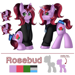 Size: 3000x3000 | Tagged: safe, artist:xcinnamon-twistx, oc, oc only, oc:rosebud, pony, unicorn, bow, clothes, cute, high res, hoodie, reference sheet, simple background, solo, transparent background