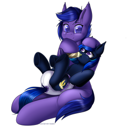 Size: 3000x3000 | Tagged: safe, artist:xcinnamon-twistx, oc, oc only, oc:moony blues, bat pony, pony, baby, bottle, bottle feeding, chocolate, chocolate milk, diaper, duo, high res, milk, simple background, transparent background