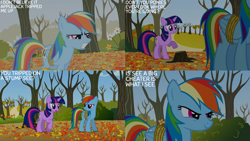 Size: 1280x720 | Tagged: safe, edit, edited screencap, editor:quoterific, screencap, rainbow dash, twilight sparkle, pegasus, pony, unicorn, fall weather friends, g4, season 1, bound wings, duo, female, leaves, mare, open mouth, smiling, text, tree, tree stump, unicorn twilight, wings