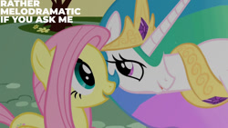 Size: 1280x720 | Tagged: safe, edit, edited screencap, editor:quoterific, screencap, fluttershy, princess celestia, alicorn, pegasus, pony, a bird in the hoof, g4, my little pony: friendship is magic, season 1, crown, duo, female, jewelry, mare, open mouth, open smile, regalia, smiling, text