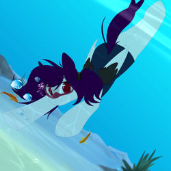 Size: 3000x3000 | Tagged: safe, artist:xcinnamon-twistx, oc, oc:cinnamon twist, fish, pony, bubble, clothes, crepuscular rays, dive, diving, female, flowing mane, flowing tail, folded wings, goggles, high res, looking at you, mare, ocean, one-piece swimsuit, seaweed, smiling, smiling at you, solo, sunlight, swimming, swimsuit, tail, underwater, water, wet, wings