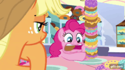 Size: 640x360 | Tagged: safe, screencap, applejack, pinkie pie, rainbow dash, earth pony, pegasus, pony, g4, season 9, the ending of the end, ^^, animated, applejack's hat, cowboy hat, donut, duo focus, eating, eyes closed, female, food, gif, gifs.com, hat, junk food, mare, offscreen character, open mouth, open smile, pinkie being pinkie, smiling, wing hands, wings