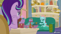Size: 640x360 | Tagged: safe, screencap, ocellus, starlight glimmer, bugbear, changedling, changeling, dragon, earth pony, pony, unicorn, g4, season 9, student counsel, animated, bugbear ocellus, couch, disguise, disguised changeling, dragon ocellus, duo, female, gif, gifs.com, head in hooves, mare, paw pads, pony ocellus, school of friendship, shapeshifting, starlight's office