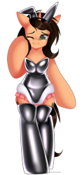 Size: 1452x3100 | Tagged: safe, artist:xcinnamon-twistx, oc, oc only, oc:small brooke, unicorn, semi-anthro, bunny ears, bunny suit, clothes, cute, diaper, diaper fetish, diaper under clothes, fetish, latex, latex socks, latex suit, one eye closed, simple background, smiling, socks, solo, transparent background, uniform, wink