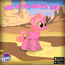 Size: 843x843 | Tagged: safe, gameloft, polly pinkmaple, pony, unicorn, g4, my little pony: magic princess, canter creek cardplayer, female, mare, my little pony logo, not luster dawn, standing, text