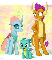 Size: 1200x1361 | Tagged: safe, alternate version, artist:uotapo, ocellus, smolder, sparky sparkeroni, changedling, changeling, dragon, g4, g5, baby, baby dragon, dragoness, female, hand on hip, older, older ocellus, older smolder, open mouth, open smile, smiling