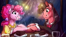 Size: 3840x2160 | Tagged: safe, artist:lupiarts, pinkie pie, oc, oc:ace play, earth pony, pegasus, pony, g4, blushing, cake slice, canon x oc, clothes, facial hair, female, goatee, grin, high res, holding hooves, jewelry, male, necklace, pinkieplay, rain, shipping, smiling, straight, tuxedo, when you see it, window