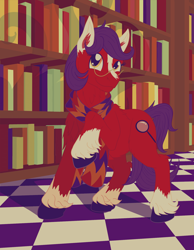Size: 2100x2700 | Tagged: safe, artist:sixes&sevens, oc, oc only, oc:cross reference, book, bookshelf, clothes, fluffy, glasses, high res, library, nonbinary, raised hoof, scarf, solo, unshorn fetlocks