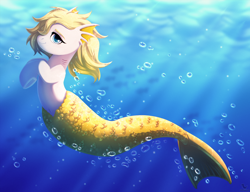 Size: 2000x1534 | Tagged: safe, alternate version, artist:dinoalpaka, oc, oc only, oc:salmonia, fish, merpony, blue eyes, bubble, crepuscular rays, eyebrows, eyelashes, female, fish tail, flowing mane, flowing tail, gills, looking at you, mare, mermaid tail, ocean, smiling, smiling at you, solo, sunlight, swimming, tail, underhoof, underwater, water, yellow mane
