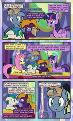 Size: 1920x3169 | Tagged: safe, artist:alexdti, fluttershy, twilight sparkle, oc, oc:brainstorm (alexdti), oc:purple creativity, oc:star logic, alicorn, pegasus, pony, unicorn, comic:quest for friendship, g4, apology, comic, crying, dialogue, ears back, eye contact, female, floppy ears, folded wings, glasses, high res, hooves, horn, looking at each other, looking at someone, male, mare, open mouth, open smile, pegasus oc, raised hoof, size difference, smiling, speech bubble, stallion, standing, twilight sparkle (alicorn), twilight's castle, two toned mane, unicorn oc, wings