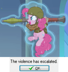 Size: 876x937 | Tagged: safe, edit, edited screencap, screencap, pinkie pie, earth pony, pony, g4, the ending of the end, clothes, cropped, female, floating, glare, helmet, levitation, magic, mare, meme, military uniform, nose wrinkle, open mouth, open smile, ponified meme, rocket launcher, rpg-7, smiling, smirk, solo, telekinesis, the violence has escalated, underhoof, uniform