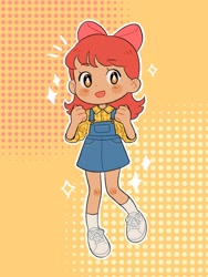 Size: 1536x2048 | Tagged: safe, artist:rosabeeart, apple bloom, human, g4, adorabloom, blushing, clothes, cute, denim skirt, flannel shirt, humanized, overalls, shoes, skirt, sneakers, socks, solo, sparkles