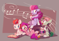 Size: 2000x1400 | Tagged: safe, artist:scribble-potato, pipp petals, thunder flap, zipp storm, zoom zephyrwing, pegasus, pony, g5, blowing flute, book, cellphone, female, flute, group, hat, male, mare, music notes, musical instrument, one eye closed, phone, reading, smartphone, stallion