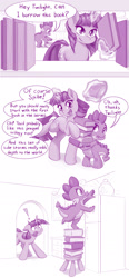 Size: 1080x2326 | Tagged: safe, artist:dstears, spike, twilight sparkle, dragon, pony, unicorn, g4, adorkable, book, bookshelf, chair, comic, cookie, cookie jar, cute, dialogue, dork, exclamation point, female, food, glowing, glowing horn, happy, horn, magic, male, mare, open mouth, refrigerator, spikabetes, stool, telekinesis, tongue out, twiabetes, twilight sparkle is not amused, unamused, unicorn twilight