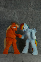 Size: 2860x4296 | Tagged: safe, artist:spainfischer, applejack, rainbow dash, earth pony, human, pegasus, pony, anthro, g4, 2011, anthrocon, anthrocon 2011, convention, cowboy hat, duo, fursuit, hat, headbutt, hoofbump, irl, irl human, photo, ponysuit, ponytail, pose, raised hoof, simple background, smiling, smirk, spread wings, tail, wings