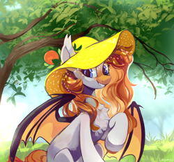 Size: 4094x3826 | Tagged: safe, artist:laymy, oc, oc only, bat pony, pony, chest fluff, grass, hat, solo, sun hat, tree