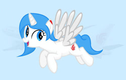 Size: 1005x636 | Tagged: safe, artist:lywings, alicorn, pony, air china, blue mane, blue tail, china, female, flying, full body, hooves, mare, open mouth, open smile, ponified, smiling, solo, spread wings, tail, wings
