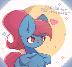 Size: 2600x2400 | Tagged: safe, artist:miryelis, oc, oc only, oc:rainven wep, pegasus, pony, blushing, heart, high res, palindrome get, pegasus oc, pixel art, ponytail, red eyes, shy, simple background, solo, text, thank you, wing hands, wings