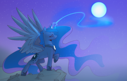 Size: 7627x4842 | Tagged: safe, artist:renderpoint, princess luna, alicorn, pony, g4, absurd resolution, cliff, eyes closed, female, freckles, full moon, glowing, glowing horn, horn, magic, mare, moon, moon work, moonrise, night, night sky, outdoors, peytral, profile, raised hoof, raising the moon, sky, smiling, solo, spread wings, standing, starry night, stars, wings
