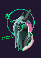 Size: 2480x3508 | Tagged: safe, artist:i love hurt, queen chrysalis, changeling, changeling queen, g4, bust, eyelashes, female, high res, horn, licking, licking lips, looking at you, mare, nimbus, portrait, purple background, sharp teeth, simple background, smiling, smiling at you, solo, teeth, tongue out, transformation