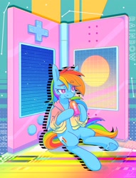 Size: 1876x2454 | Tagged: safe, artist:wavecipher, rainbow dash, pegasus, pony, g4, chill, clothes, drink, female, nintendo, nintendo ds, solo, video game