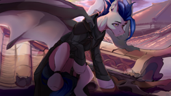 Size: 1202x676 | Tagged: safe, artist:calamity, oc, oc only, oc:dusk blade, bat pony, pony, assassin, bat pony oc, bat wings, clothes, cloud, coat, crossover, day, eyebrows, eyelashes, fanfic art, male, roof, sky, solo, splinter rifle, spread wings, stallion, warhammer (game), warhammer 40k, wings