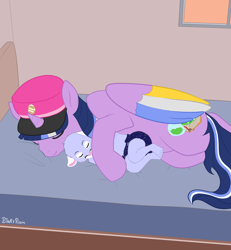 Size: 1386x1500 | Tagged: safe, artist:binkyroom, oc, oc:paddy sparkle, alicorn, big cat, pony, puma, anthro, baby, bed, bedroom, caretaker, commission, cougar, cub, diaper, eyes closed, furry, hat, horn, nap, paws, sleeping, window, wings, ych result
