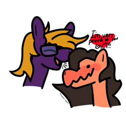 Size: 506x465 | Tagged: safe, artist:ethanepsc4, oc, oc only, oc:purple creativity, earth pony, pegasus, pony, ^^, blushing, bust, cute, duo, duo female, earth pony oc, eyes closed, female, gals, glasses, heart, internal happy, internal screaming, mare, messy hair, messy mane, open mouth, open smile, pegasus oc, portrait, proud, simple background, smiling, talking, trans female, transgender, wavy mouth, white background