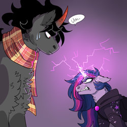 Size: 3000x3000 | Tagged: safe, artist:gingygin, king sombra, twilight sparkle, pony, unicorn, g4, alternate universe, angry, broken horn, chest fluff, clothes, female, height difference, high res, horn, looking at each other, looking at someone, male, mare, role reversal, scarf, sweat, unicorn twilight