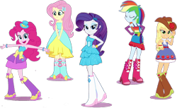 Size: 1326x809 | Tagged: safe, edit, edited screencap, editor:pascalmulokozi2, screencap, applejack, fluttershy, pinkie pie, rainbow dash, rarity, equestria girls, g4, my little pony equestria girls, background removed, bare shoulders, boots, cowboy hat, hat, high heel boots, humane five, shoes, simple background, sleeveless, strapless, transparent background
