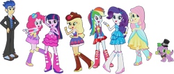 Size: 1817x775 | Tagged: safe, edit, edited screencap, editor:pascalmulokozi2, screencap, applejack, flash sentry, fluttershy, pinkie pie, rainbow dash, rarity, spike, twilight sparkle, dog, equestria girls, g4, my little pony equestria girls, background removed, bare shoulders, boots, clothes, dress, fall formal outfits, hat, humane five, humane six, shoes, simple background, sleeveless, spike the dog, strapless, transparent background