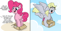 Size: 2958x1539 | Tagged: safe, artist:doodledonutart, derpy hooves, pinkie pie, earth pony, pegasus, pony, g4, box, cartoon physics, comic, delivery pony, heavy, if i fits i sits, open mouth, pinkie being pinkie, pinkie physics, tongue out