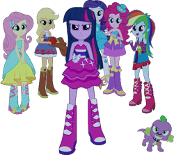 Size: 921x822 | Tagged: safe, edit, edited screencap, editor:pascalmulokozi2, screencap, applejack, fluttershy, pinkie pie, rainbow dash, rarity, spike, twilight sparkle, dog, equestria girls, g4, my little pony equestria girls, background removed, bare shoulders, boots, clothes, dress, fall formal outfits, high heel boots, humane five, humane six, shoes, simple background, sleeveless, spike the dog, strapless, transparent background