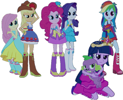 Size: 653x530 | Tagged: safe, artist:pascalmulokozi2, edit, edited screencap, editor:pascalmulokozi2, screencap, applejack, fluttershy, pinkie pie, rainbow dash, rarity, spike, twilight sparkle, dog, equestria girls, g4, my little pony equestria girls, background removed, bare shoulders, big crown thingy, boots, element of magic, fall formal outfits, high heel boots, humane five, humane six, jewelry, regalia, shoes, simple background, sleeveless, spike the dog, strapless, transparent background