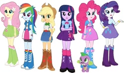 Size: 940x553 | Tagged: safe, artist:pascalmulokozi2, edit, edited screencap, editor:pascalmulokozi2, screencap, applejack, fluttershy, pinkie pie, rainbow dash, rarity, spike, twilight sparkle, dog, equestria girls, g4, my little pony equestria girls, background removed, belt, boots, clothes, cowboy boots, cowboy hat, hat, high heel boots, humane five, humane six, shirt, shoes, simple background, skirt, socks, spike the dog, white background